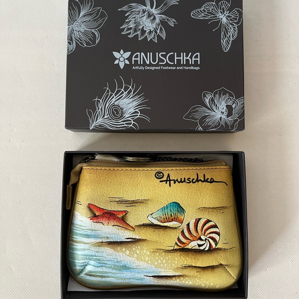 Anuschka Hand Painted Leather Zip Top Coin Purse Yellow Seashells Beach NWT